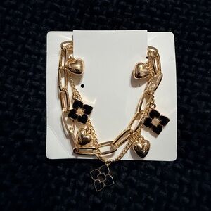 Gold and Black Heart Charm Bracelet